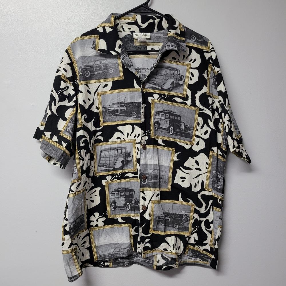 Matt Rider Mens Hawaiian Shirt Vintage Woodie Car Print Button Up‎ Size M